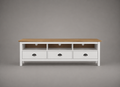 Meuble TV blanc avec plateau bois naturel en pin massif, 158 cm de longueur, trois tiroirs de rangement, trois niches ouvertes et passe-câbles intégrés, style campagne chic et scandinave