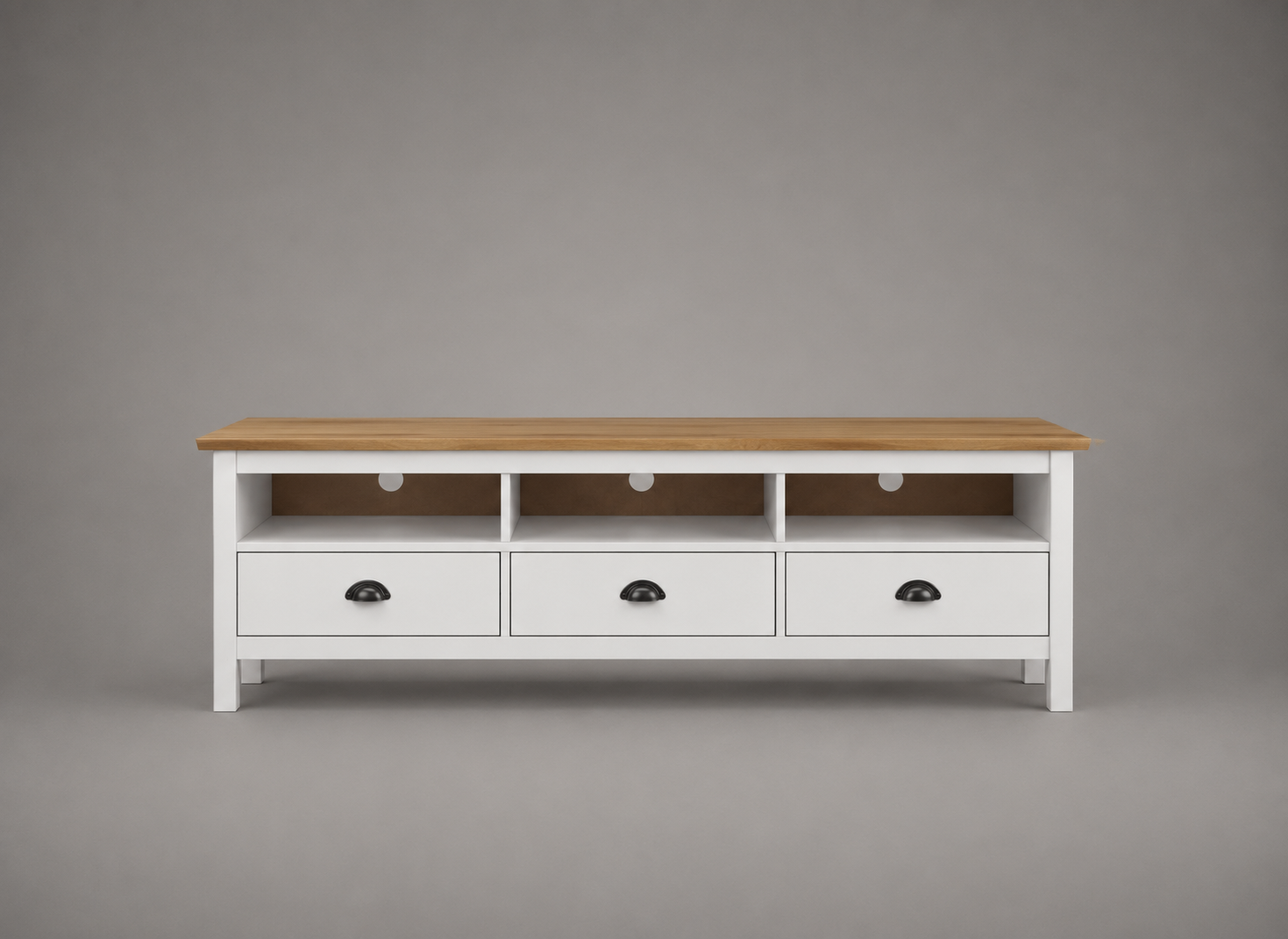 Meuble TV blanc avec plateau bois naturel en pin massif, 158 cm de longueur, trois tiroirs de rangement, trois niches ouvertes et passe-câbles intégrés, style campagne chic et scandinave