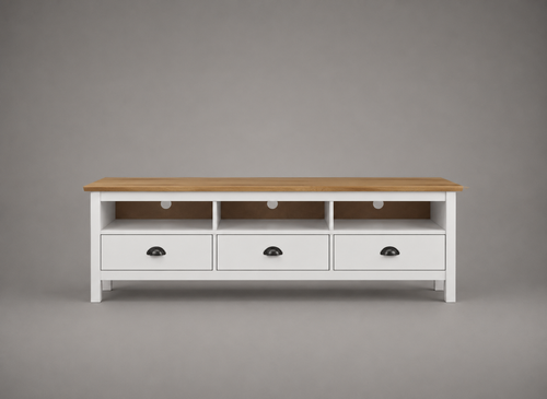 Meuble TV blanc avec plateau bois naturel en pin massif, 158 cm de longueur, trois tiroirs de rangement, trois niches ouvertes et passe-câbles intégrés, style campagne chic et scandinave