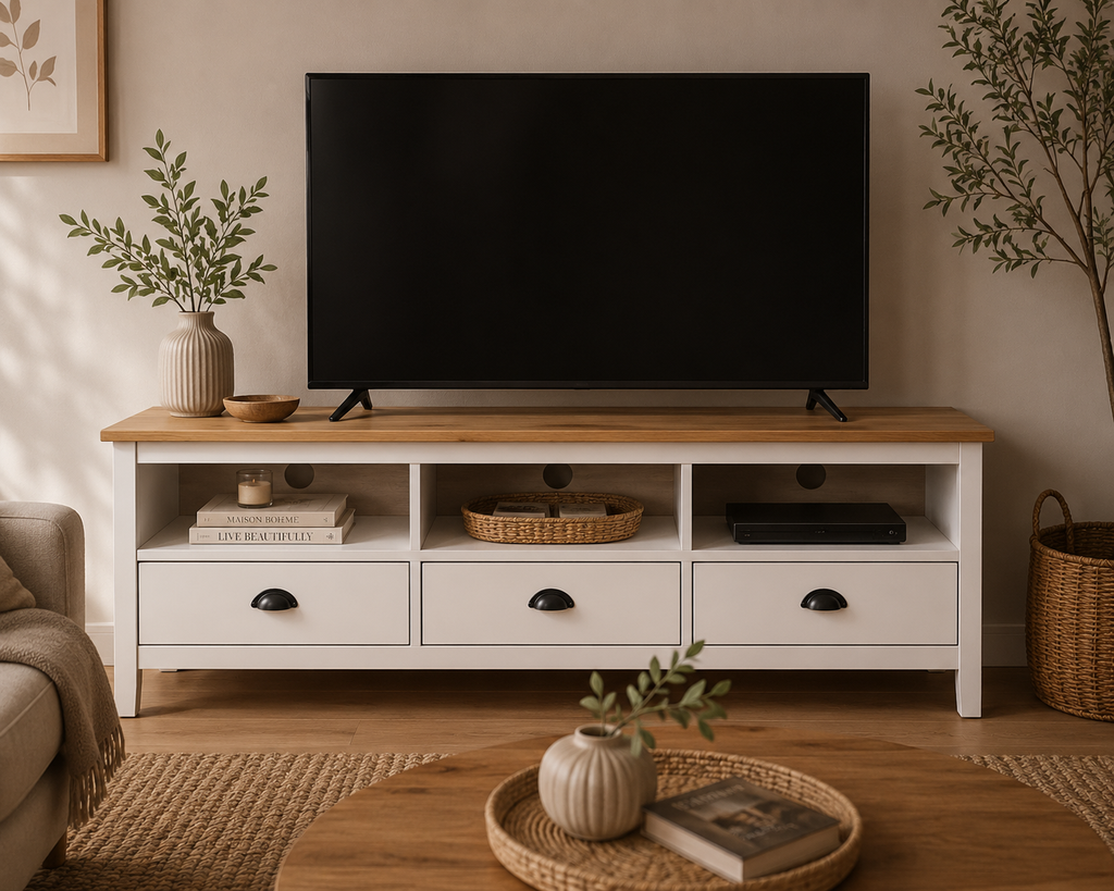 Meuble TV Blanc et Bois de Pin 158 cm