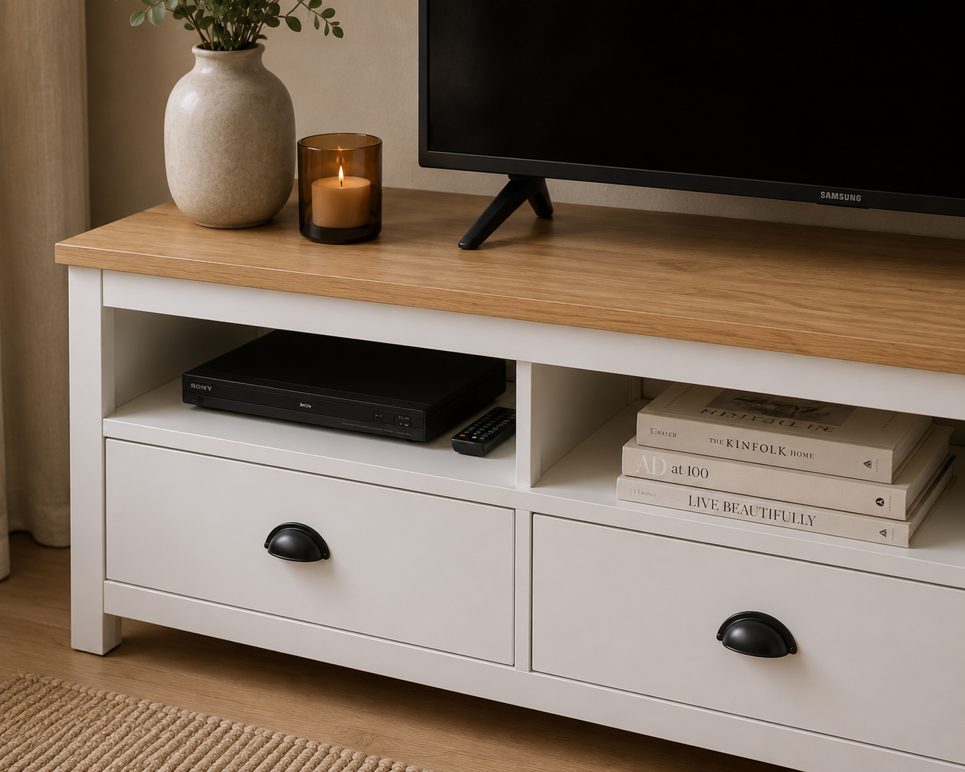 Meuble TV Blanc et Bois de Pin 158 cm