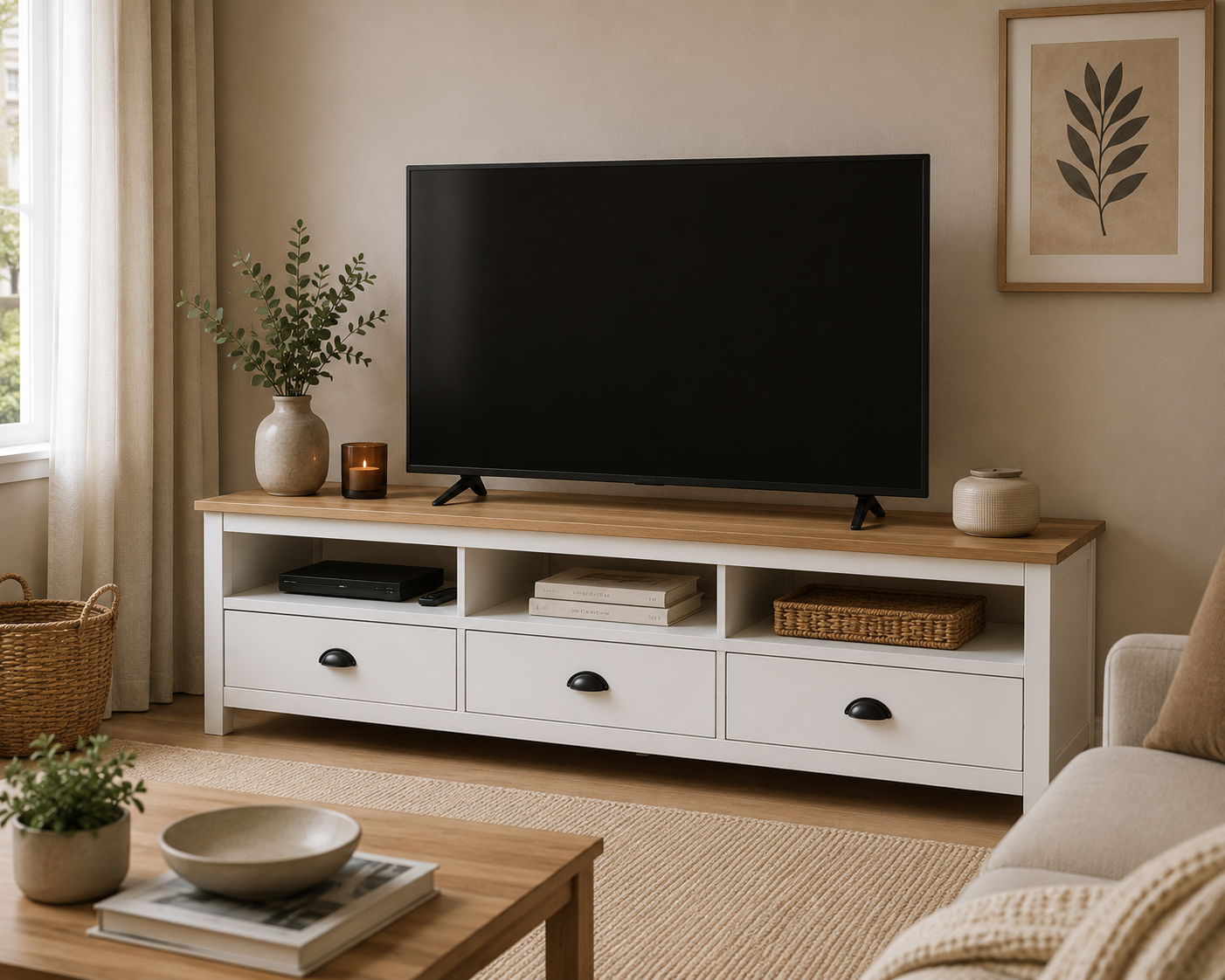 Meuble TV Blanc et Bois de Pin 158 cm