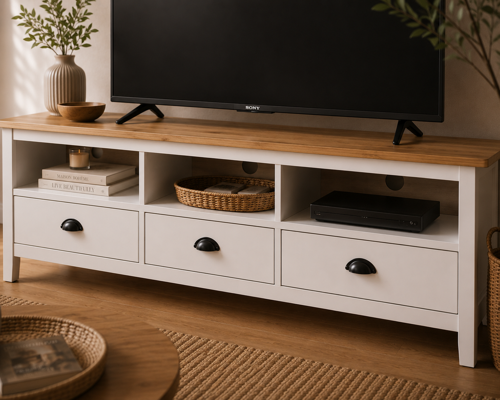 Meuble TV Blanc et Bois de Pin 158 cm