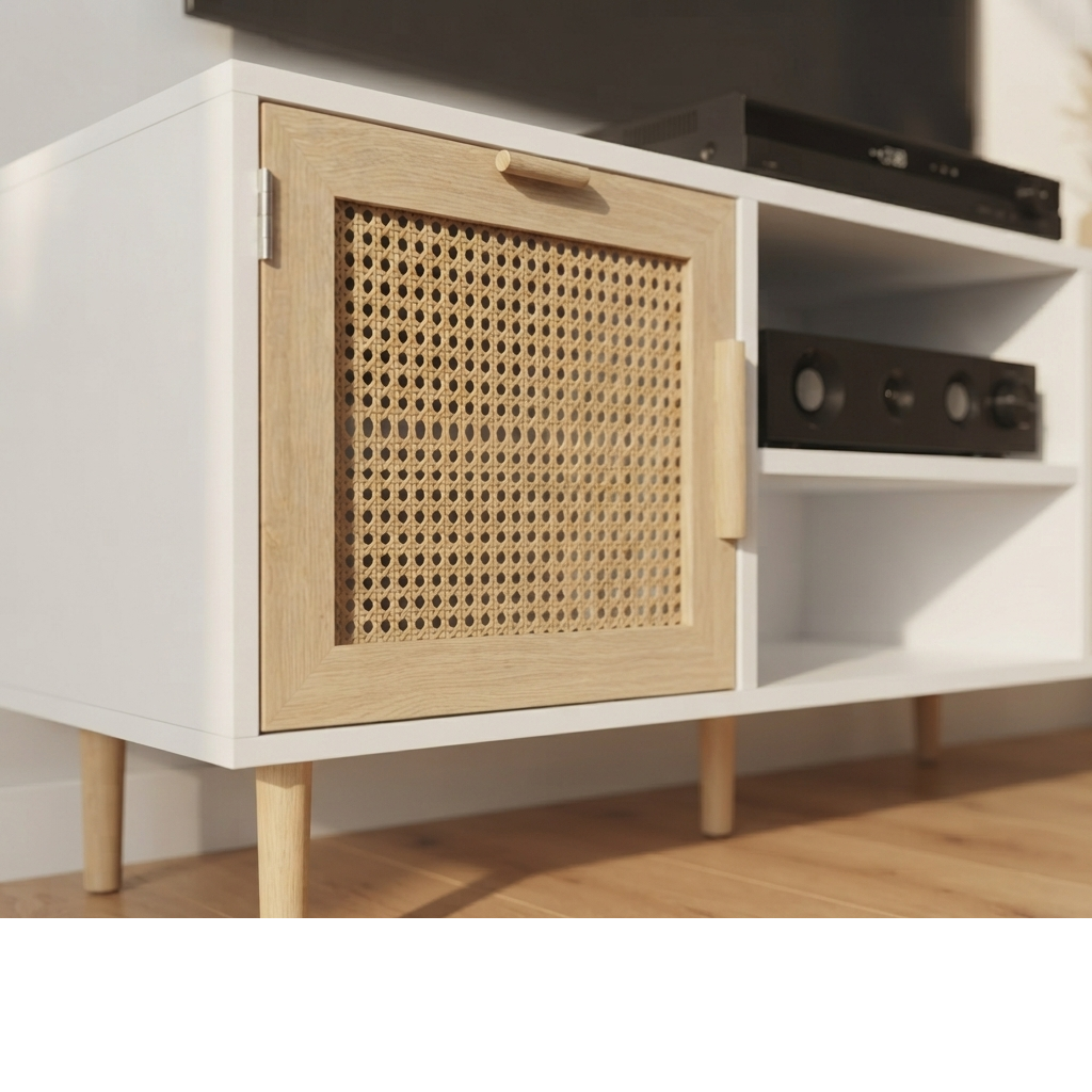 Meuble TV Blanc et Rotin / Clovis