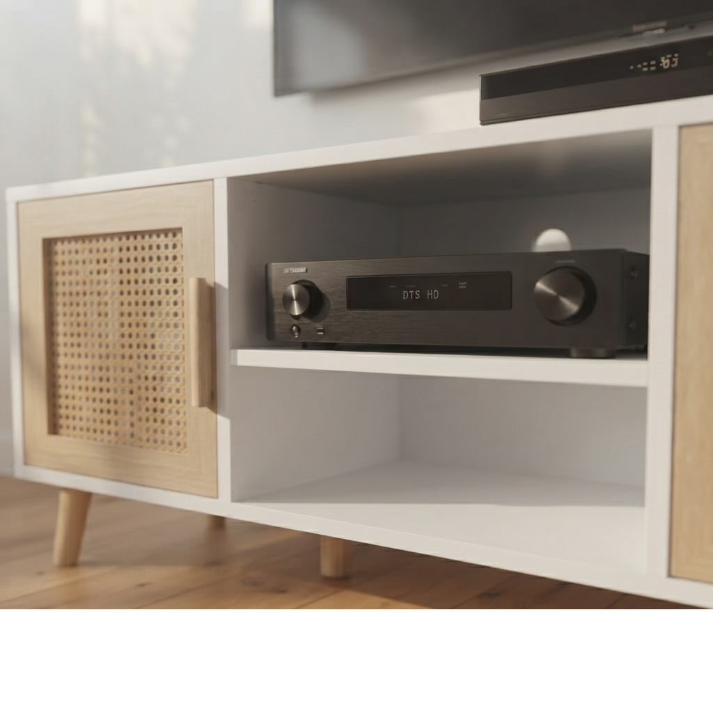 Meuble TV Blanc et Rotin / Clovis
