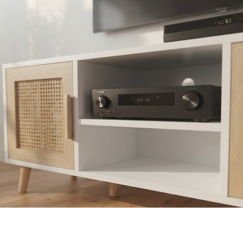 Meuble TV Blanc et Rotin / Clovis