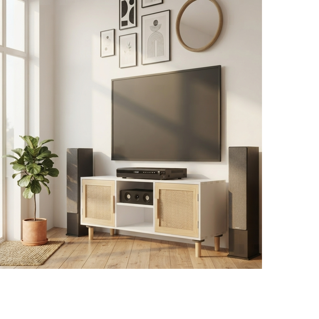 Meuble TV Blanc et Rotin / Clovis
