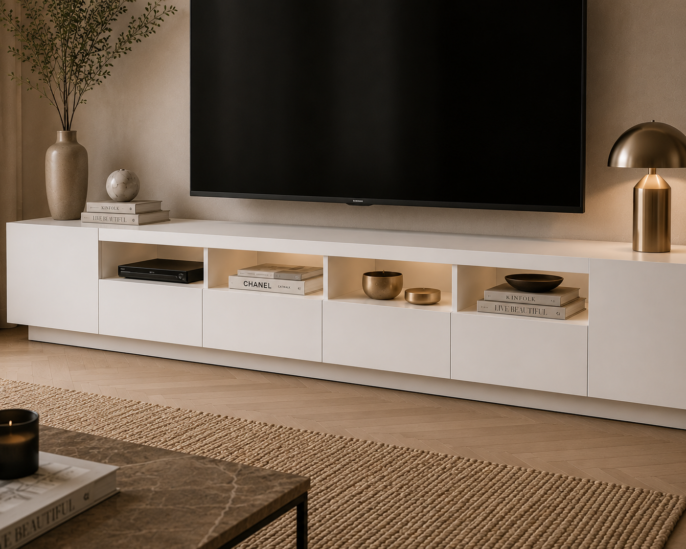 Meuble TV Bois Blanc avec LED 260 cm