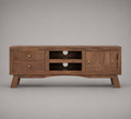 Meuble TV en bois de manguier massif 110 cm avec 2 tiroirs, 1 porte de rangement et 2 niches ouvertes style vintage