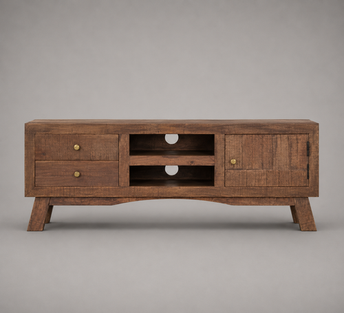 Meuble TV en bois de manguier massif 110 cm avec 2 tiroirs, 1 porte de rangement et 2 niches ouvertes style vintage
