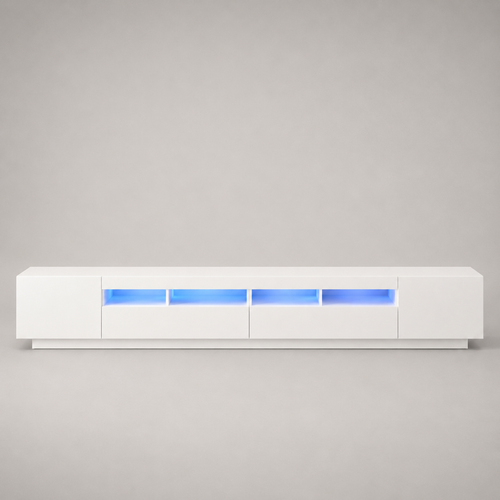 Meuble TV LED blanc 260 cm avec rangements intégrés, modules séparables, éclairage LED et design moderne contemporain
